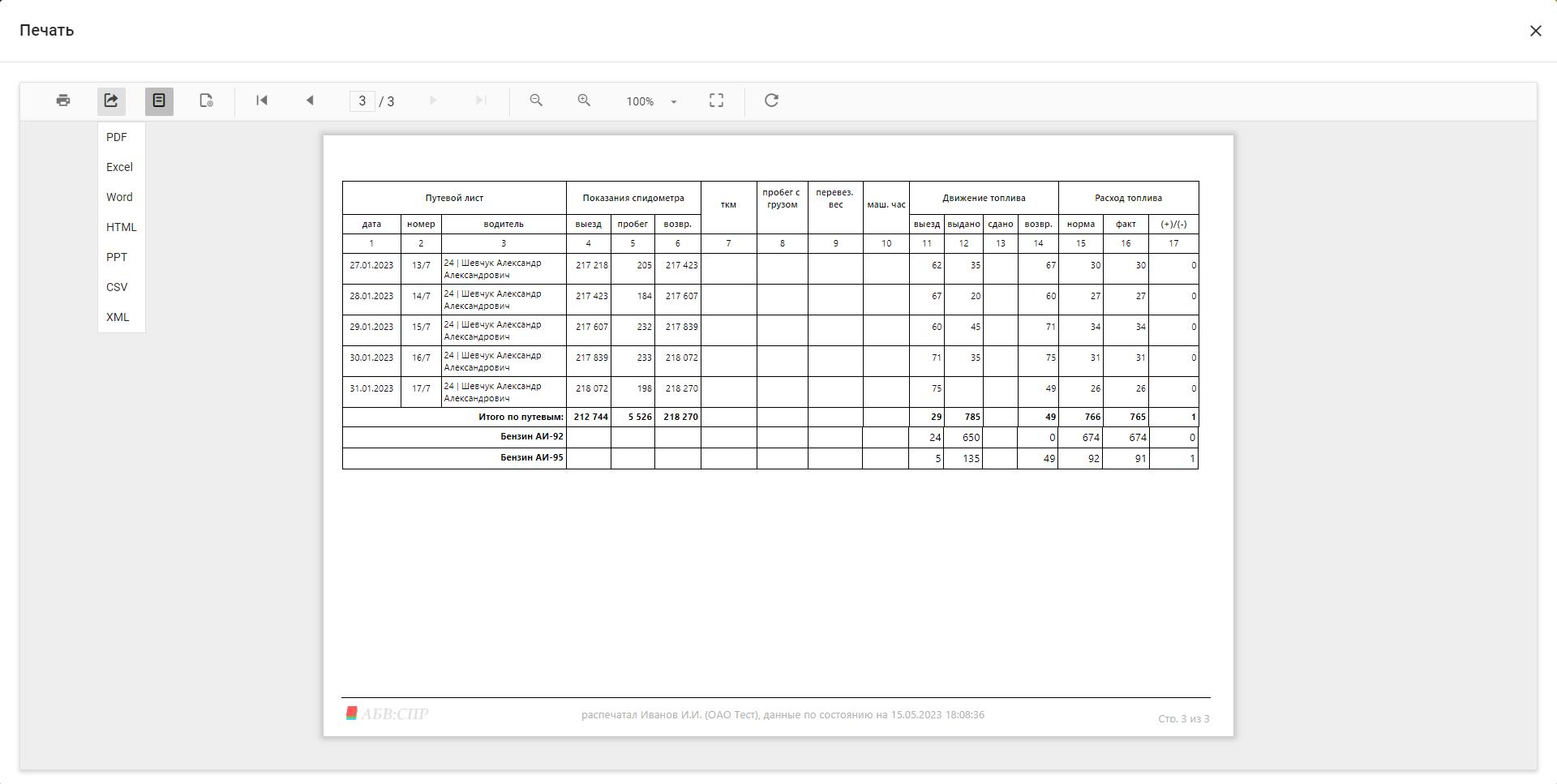 Отчёт Карточка учёта работы и расхода топлива (печатная форма)