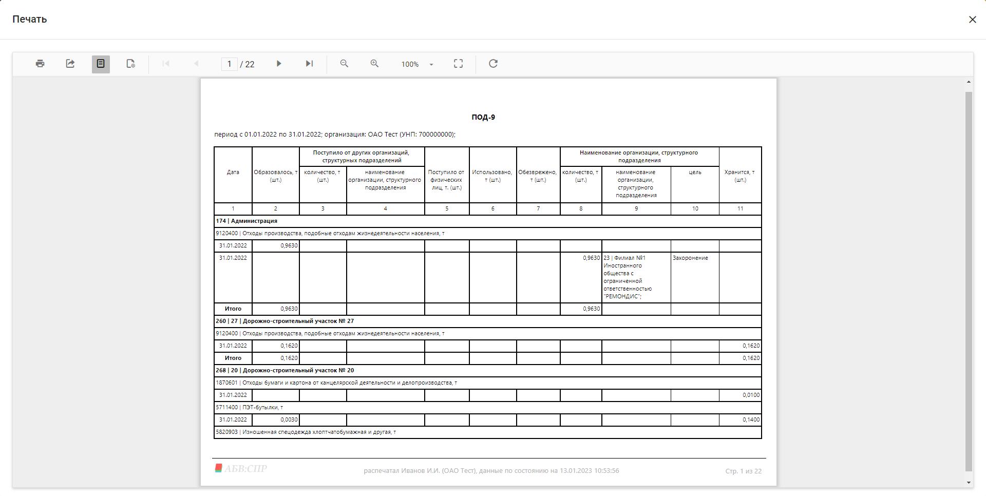 Учёт отходов производства по форме ПОД-9 и ПОД-10 в электронном виде (Печатная форма отчёта ПОД-9 в форме списка в разрезе мест учёта, видов отходов)