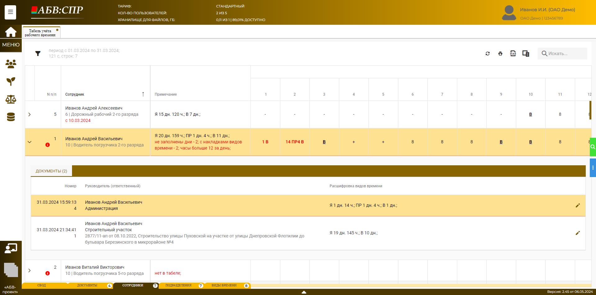 Табель учёта рабочего времени по сотруднику