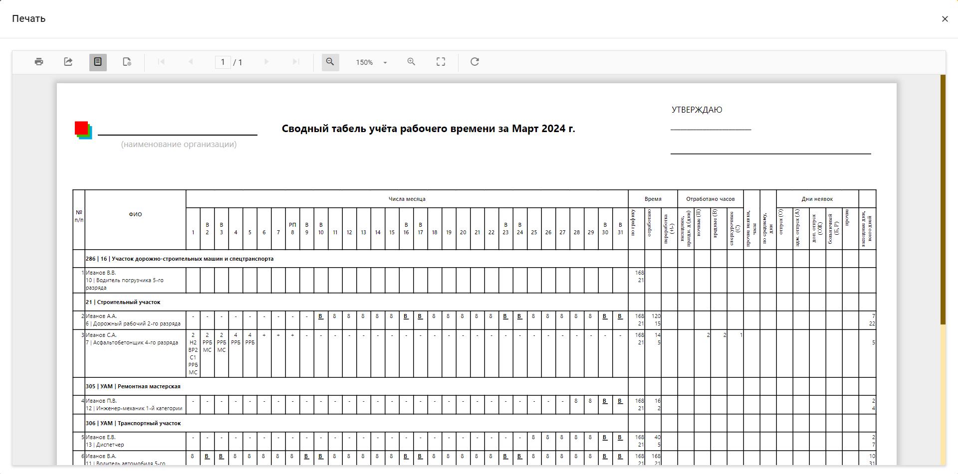 Отчёт Табель учёта рабочего времени по подразделению